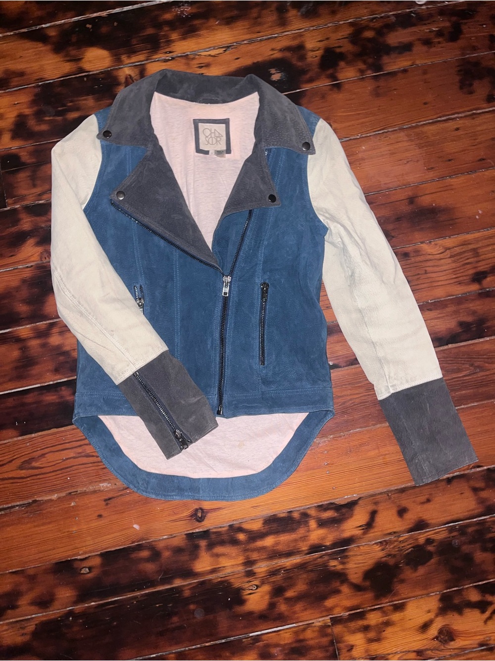 CHASER Colorblocked Suede Moto Jacket